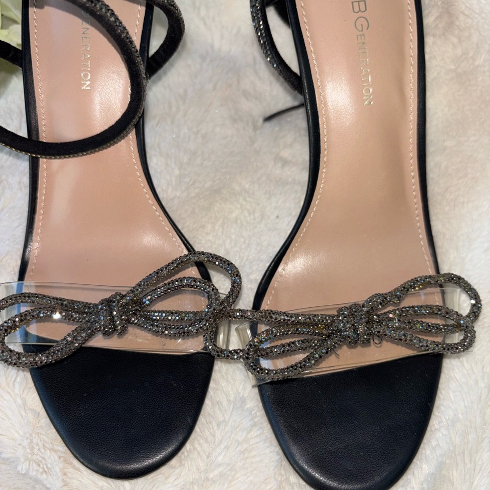 BCBGeneration Black Crystal Bow Ankle-Strap Heels size 8.5